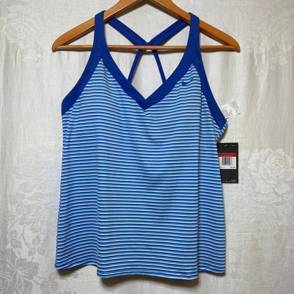 Nike Tank Top Large Blue Striped NEW Racerback Built in Shelf Bra Swim Tankini